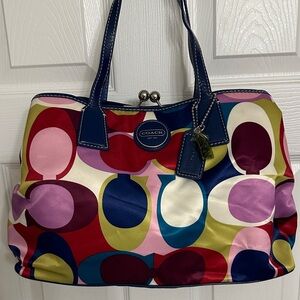 Coach Signature Scarf Print Shoulder Bag with kiss lock center
